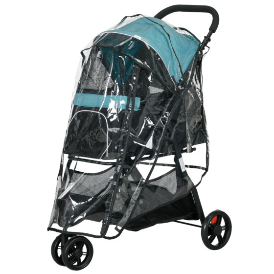 Pet buggy, dog buggy up to 10kg, foldable, safety leash, handle, rain cover, storage basket, blue + black