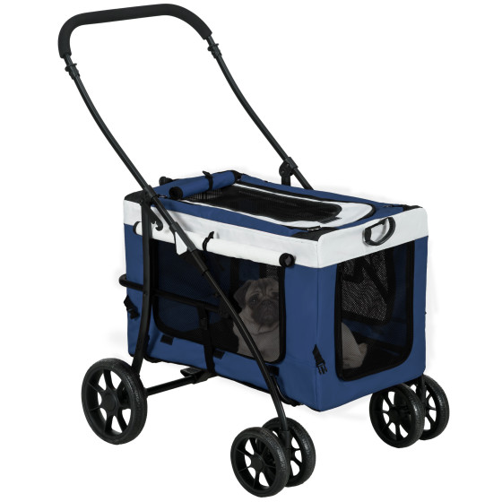 2-in-1 dog buggy, pet stroller, dog trolley with removable basket, 2 safety leashes, foldable, for small/miniature dogs, blue